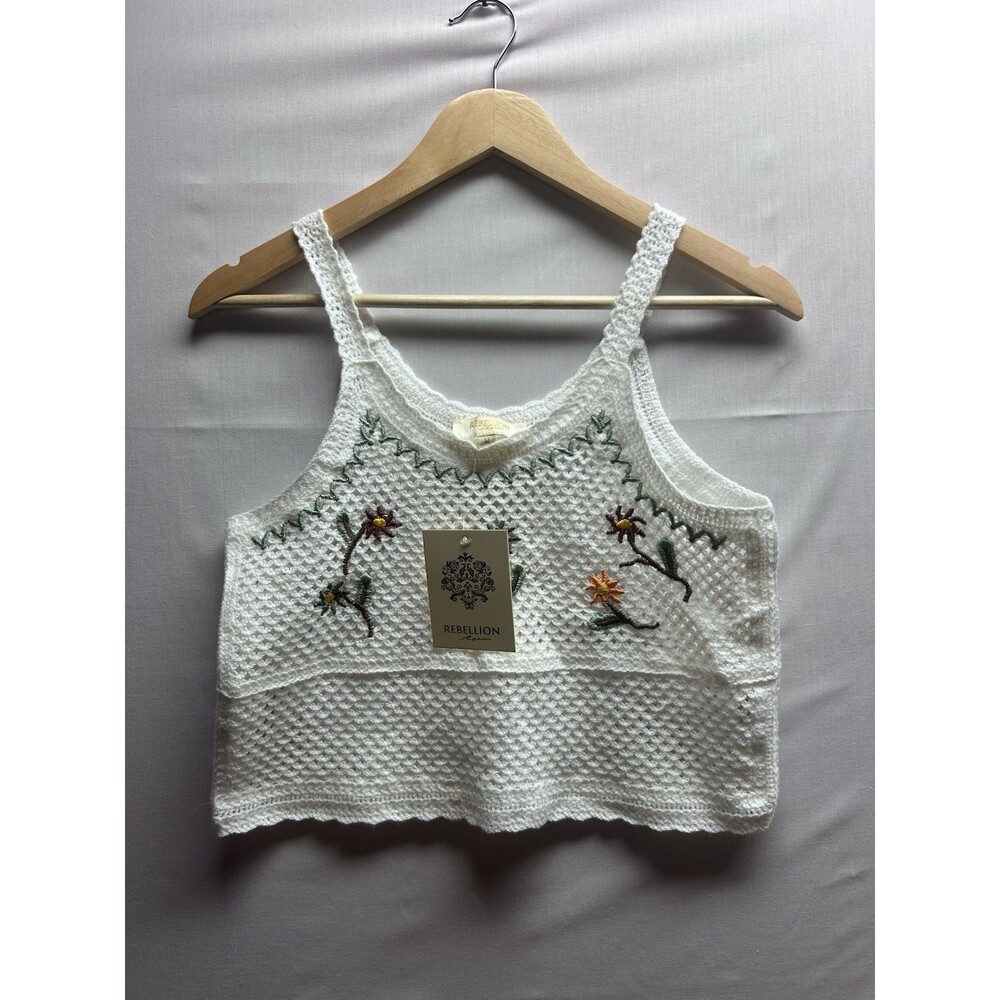 Rebellion Women’s Medium Crochet Crop Top White Tank Embroidered Cottagecore